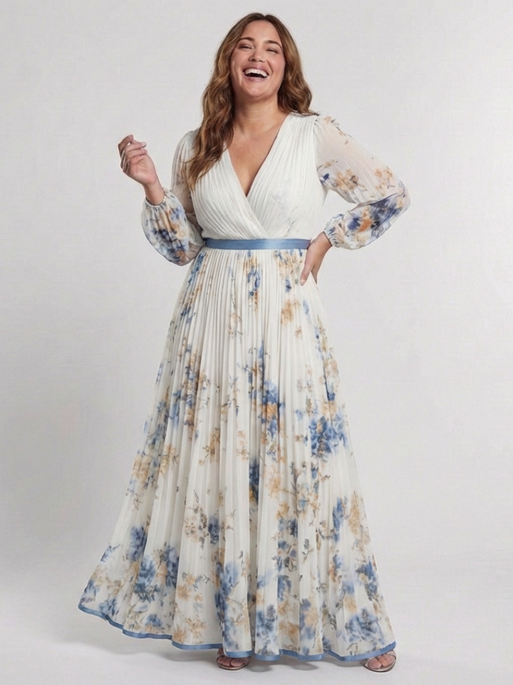 Lavinia | Maxikleid für Damen mit langen Ärmeln und V-Ausschnitt in Blumenmuster