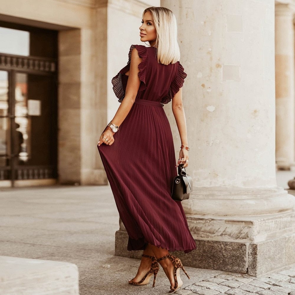 Elena Dunkelrotes Boho Festkleid mit V-Ausschnitt