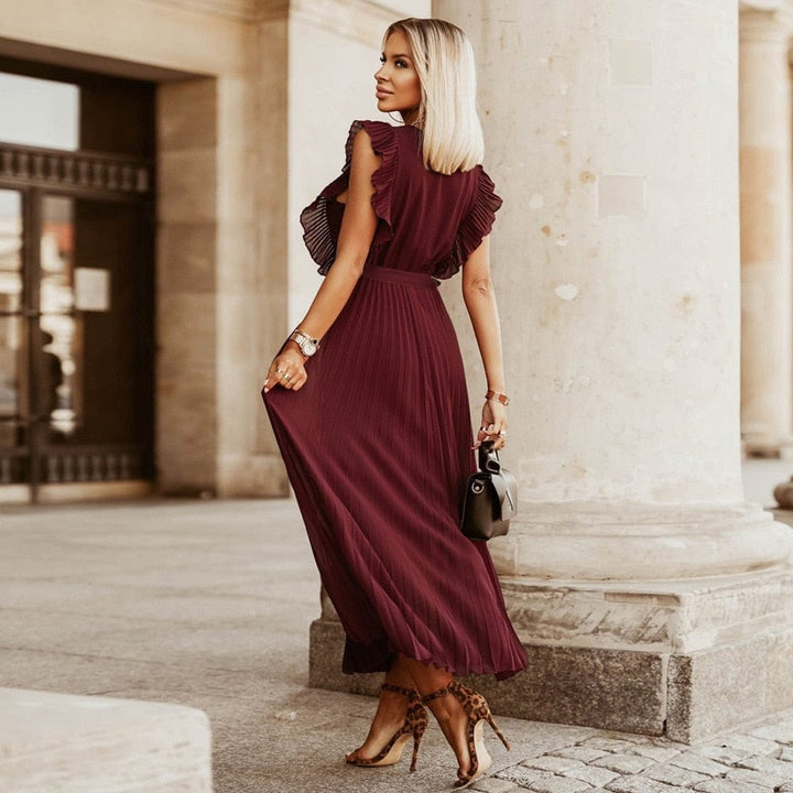 Elena Dunkelrotes Boho Festkleid mit V-Ausschnitt
