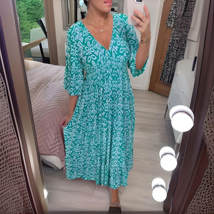 Isabella | Boho Bedrucktes Kleid mit V-Ausschnitt und langen Ärmeln