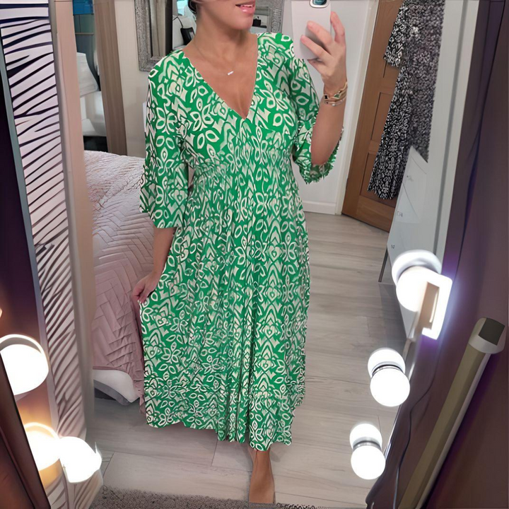 Karin | Boho Bedrucktes Kleid mit V-Ausschnitt und langen Ärmeln