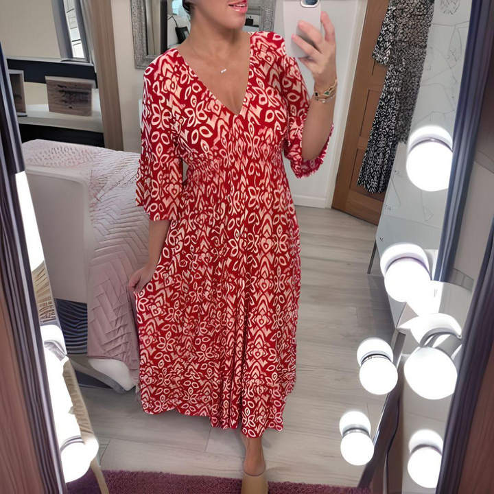 Lillia | Boho Bedrucktes Maxikleid für Damen mit V-Ausschnitt und kurzen Ärmeln