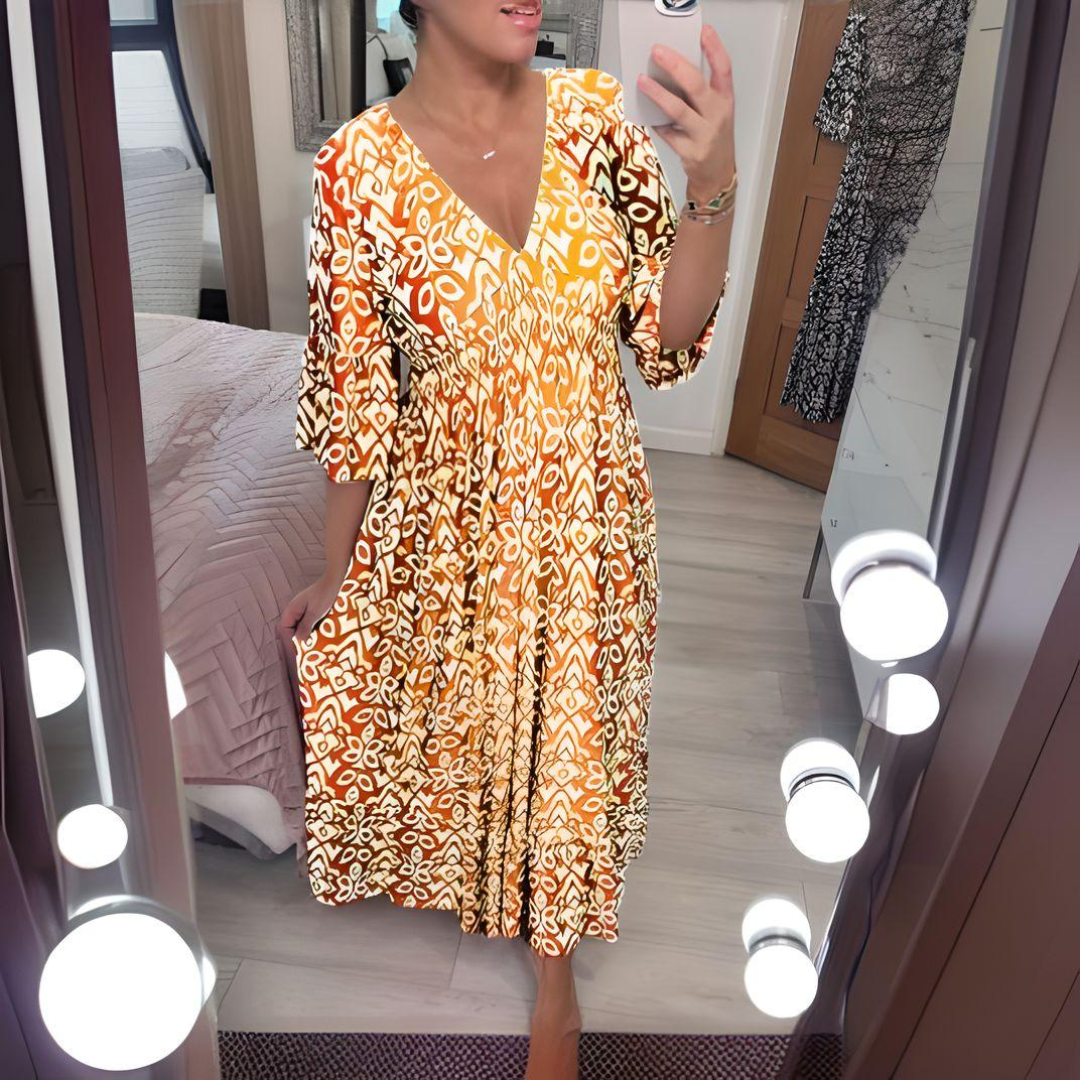 Lillia | Boho Bedrucktes Maxikleid für Damen mit V-Ausschnitt und kurzen Ärmeln