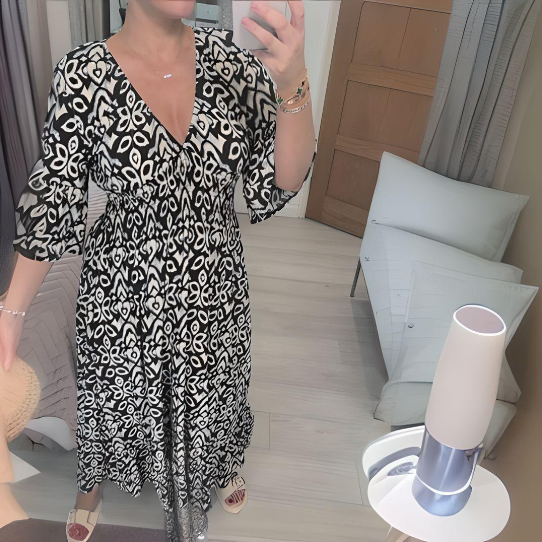 Karin | Boho Bedrucktes Kleid mit V-Ausschnitt und langen Ärmeln