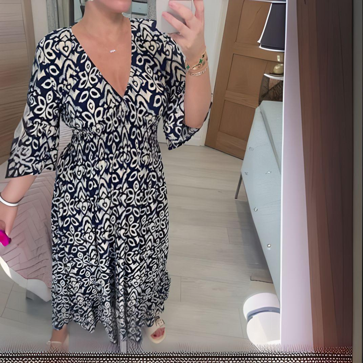 Karin | Boho Bedrucktes Kleid mit V-Ausschnitt und langen Ärmeln