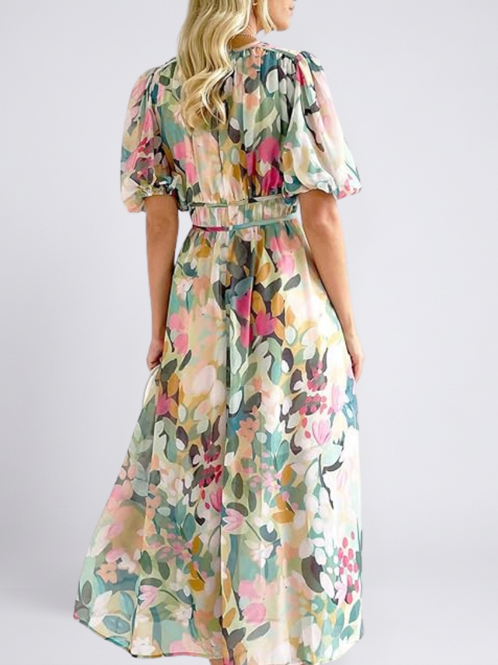 Eulalie | V-Ausschnitt Kurzarm Kleid für Damen mit geraffter Taille Midi