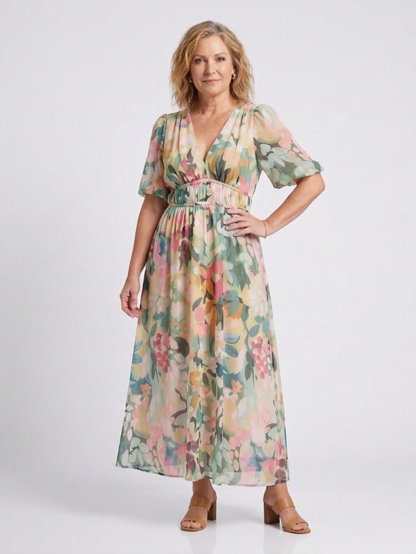 Eulalie | V-Ausschnitt Kurzarm Kleid für Damen mit geraffter Taille Midi