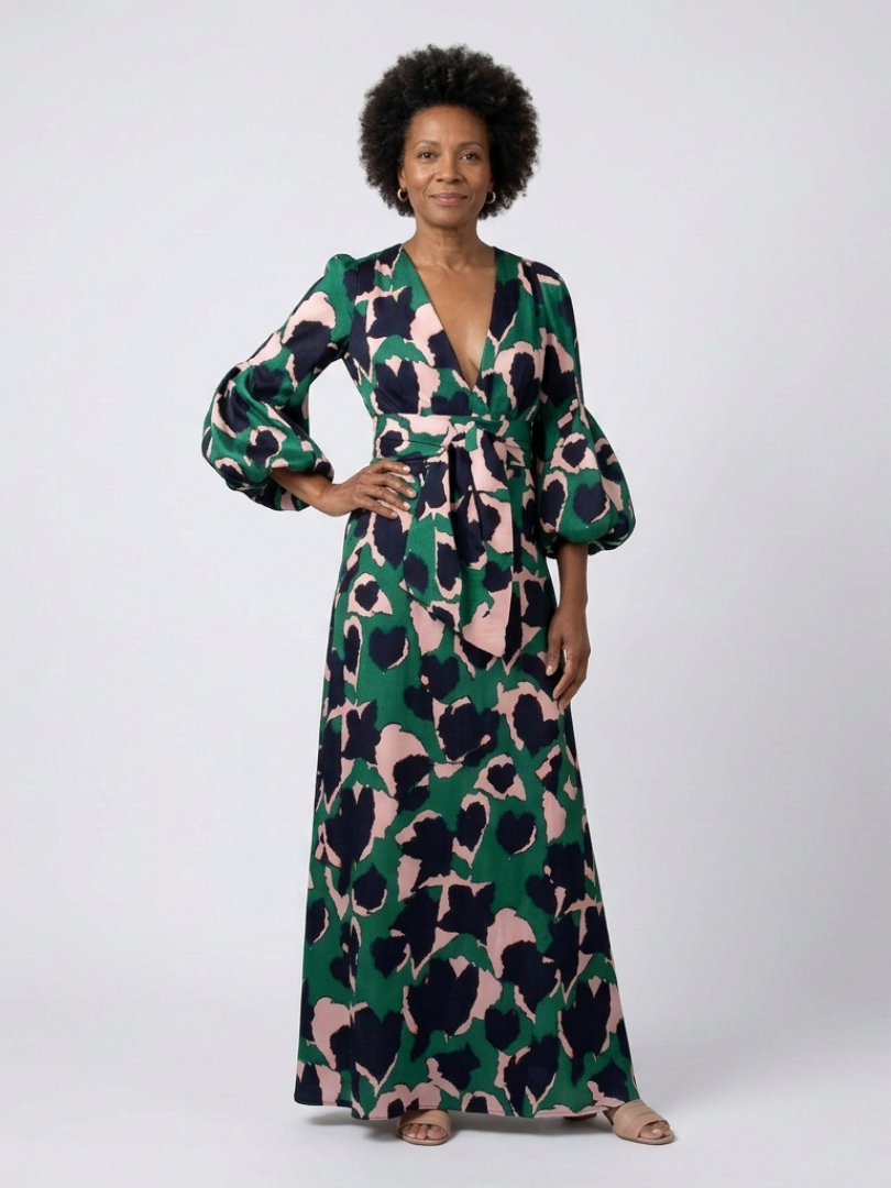 Isolde | V-Ausschnitt Bindegürtel Langarm Maxikleid für Damen