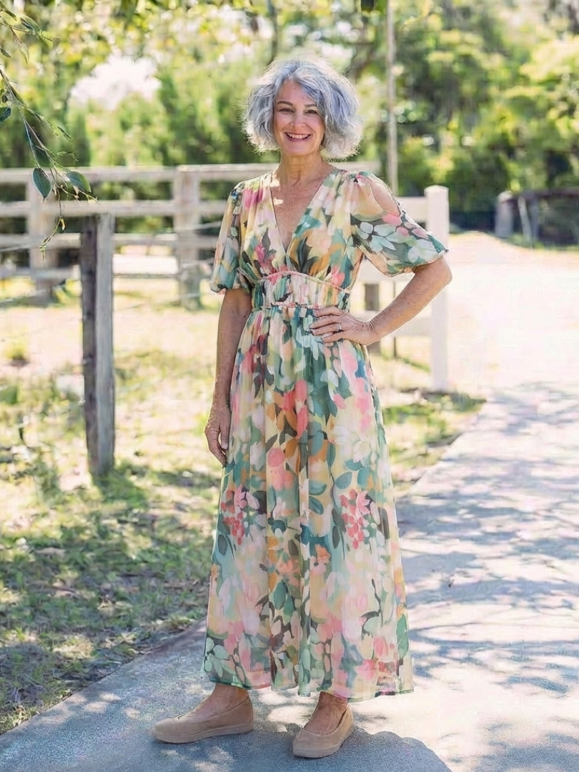Eulalie | V-Ausschnitt Kurzarm Kleid für Damen mit geraffter Taille Midi