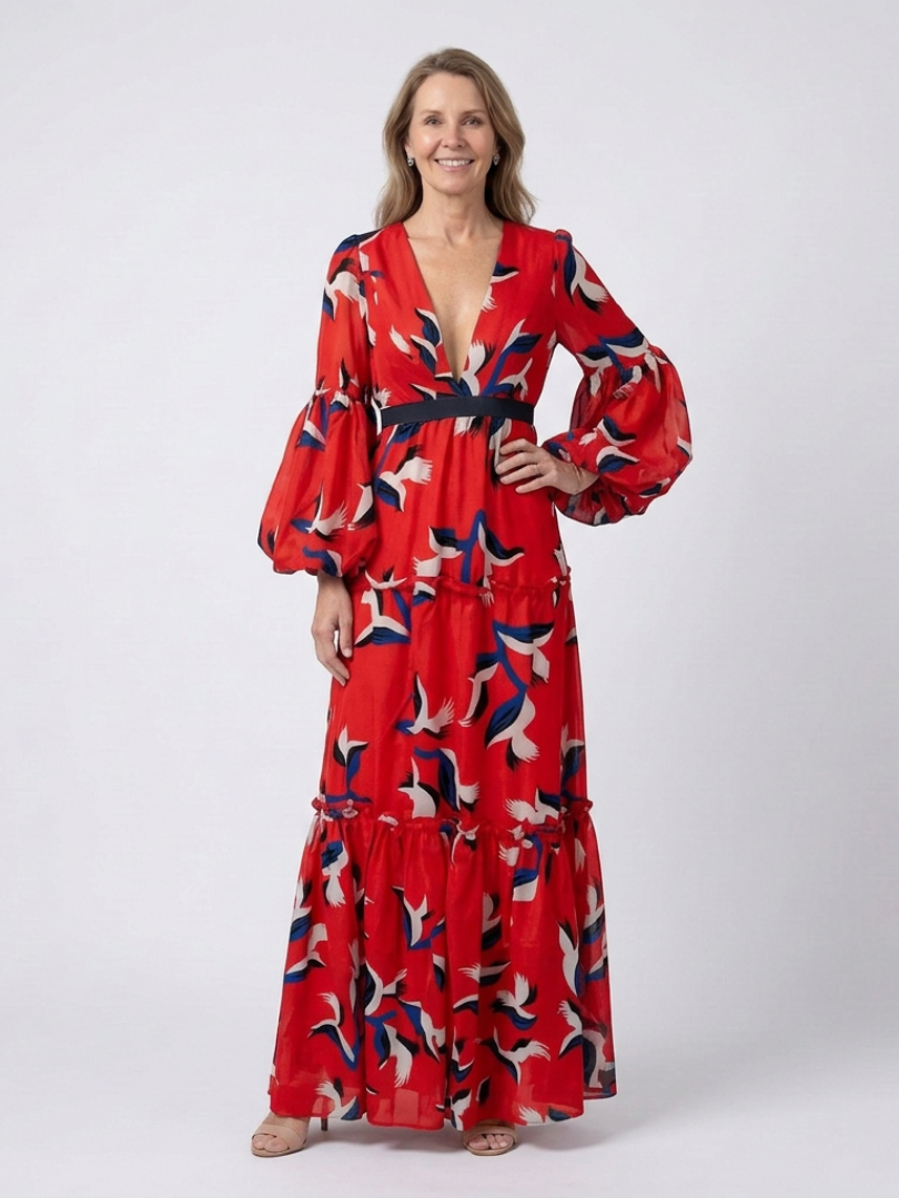 Isolde | V-Ausschnitt Bindegürtel Langarm Maxikleid für Damen