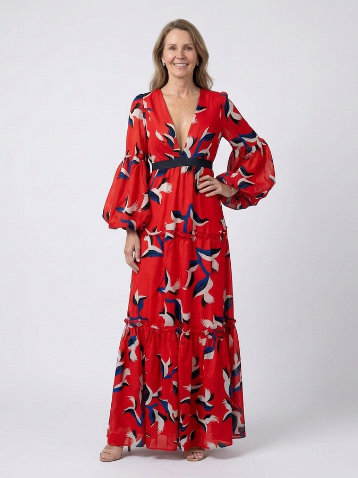 Isolde | V-Ausschnitt Bindegürtel Langarm Maxikleid für Damen