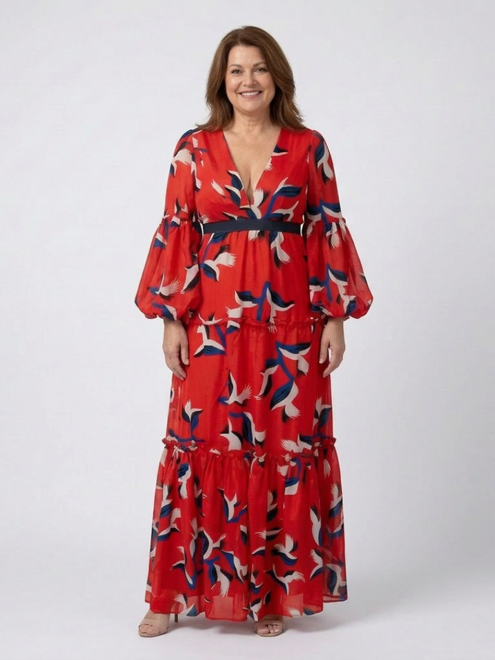 Isolde | V-Ausschnitt Bindegürtel Langarm Maxikleid für Damen