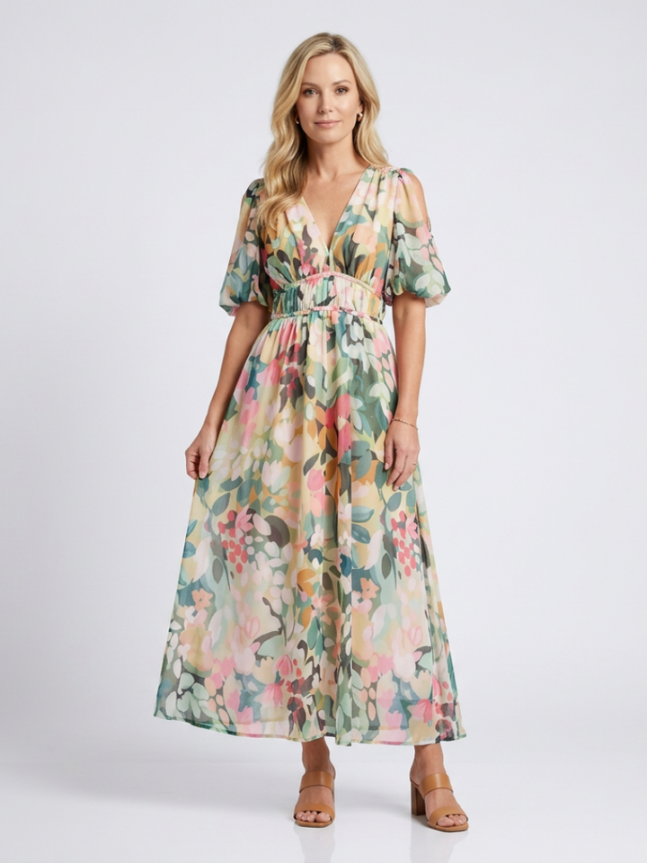 Eulalie | V-Ausschnitt Kurzarm Kleid für Damen mit geraffter Taille Midi