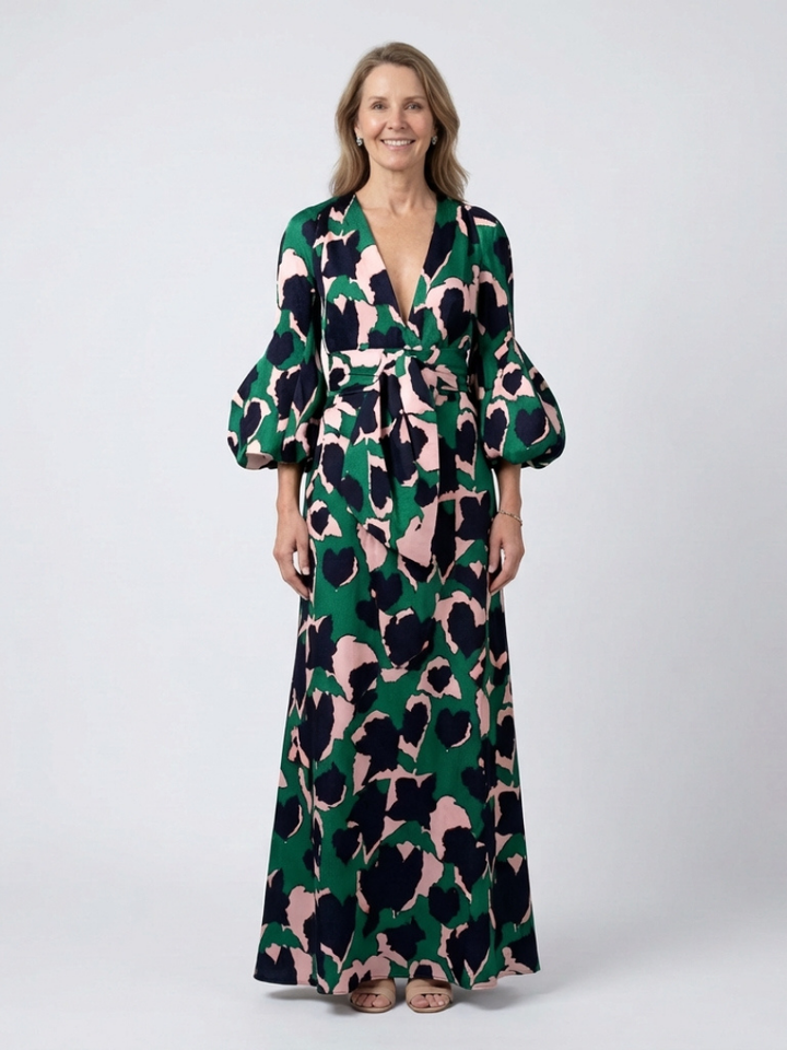 Isolde | V-Ausschnitt Bindegürtel Langarm Maxikleid für Damen