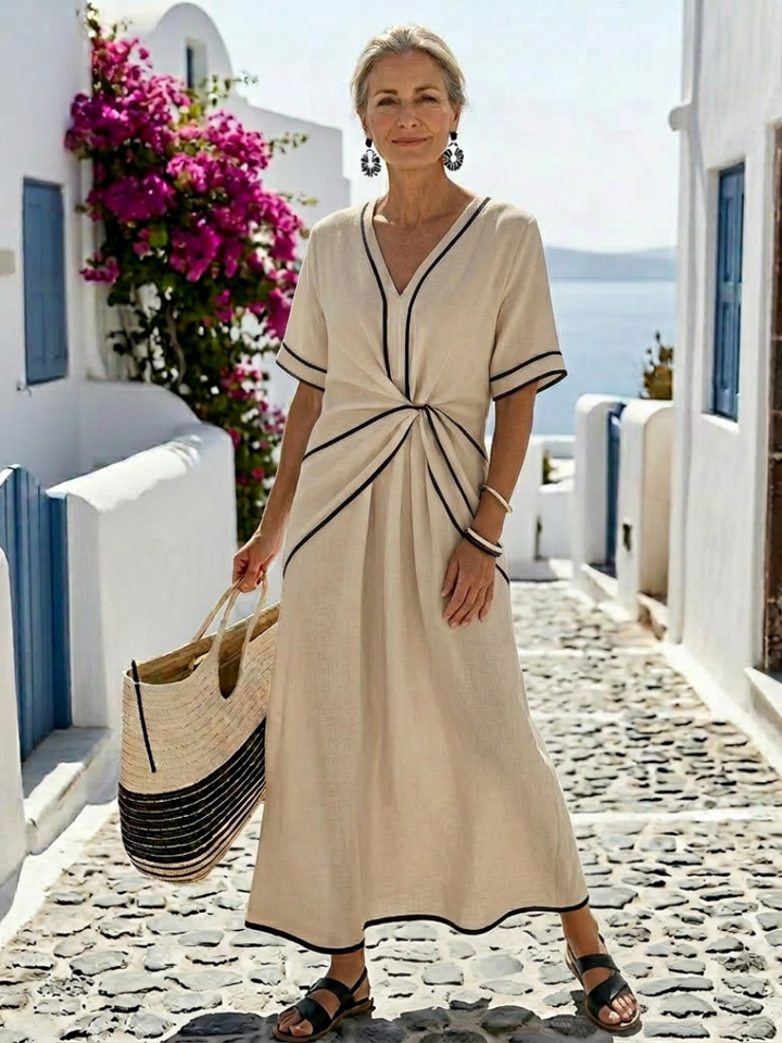 Linnea | V-Ausschnitt Kurzarm Geraffte Taille Midi Kleid für Damen