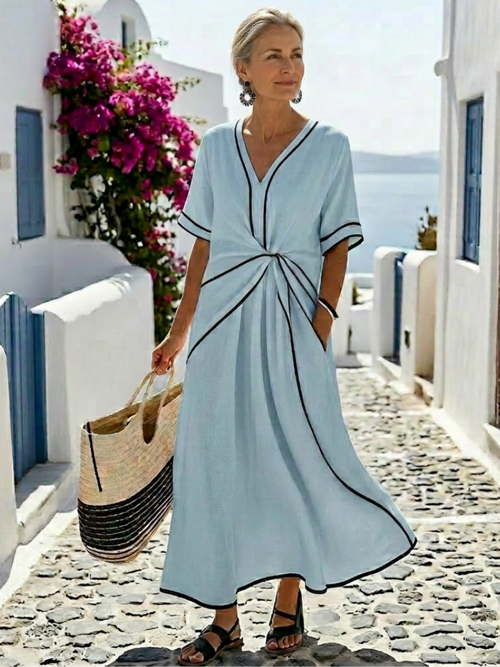 Linnea | V-Ausschnitt Kurzarm Geraffte Taille Midi Kleid für Damen