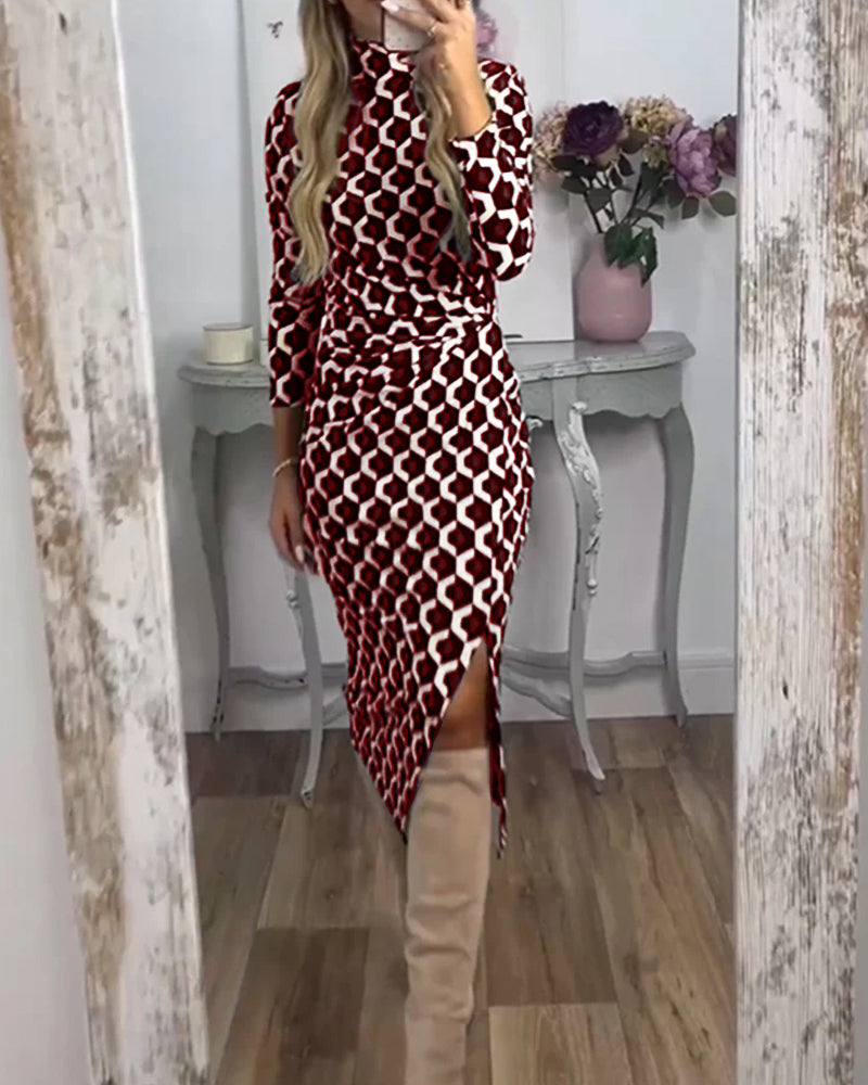 Donna | Bequemes bedrucktes Schlitzkleid für Damen mit Stehkragen