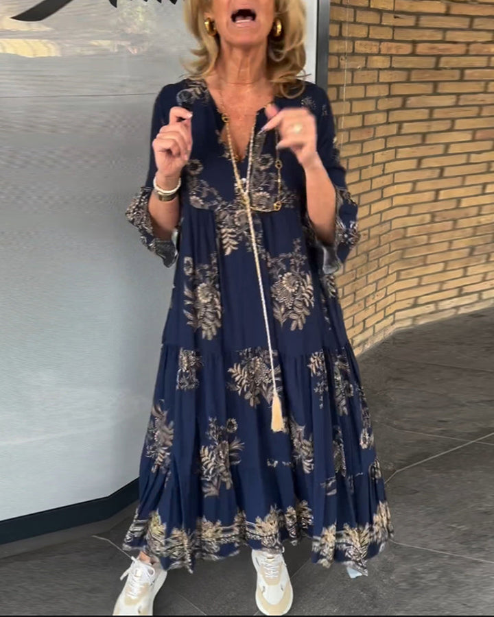 Rose | Vintage Lockerer V-Ausschnitt Midi-Kleid für Damen