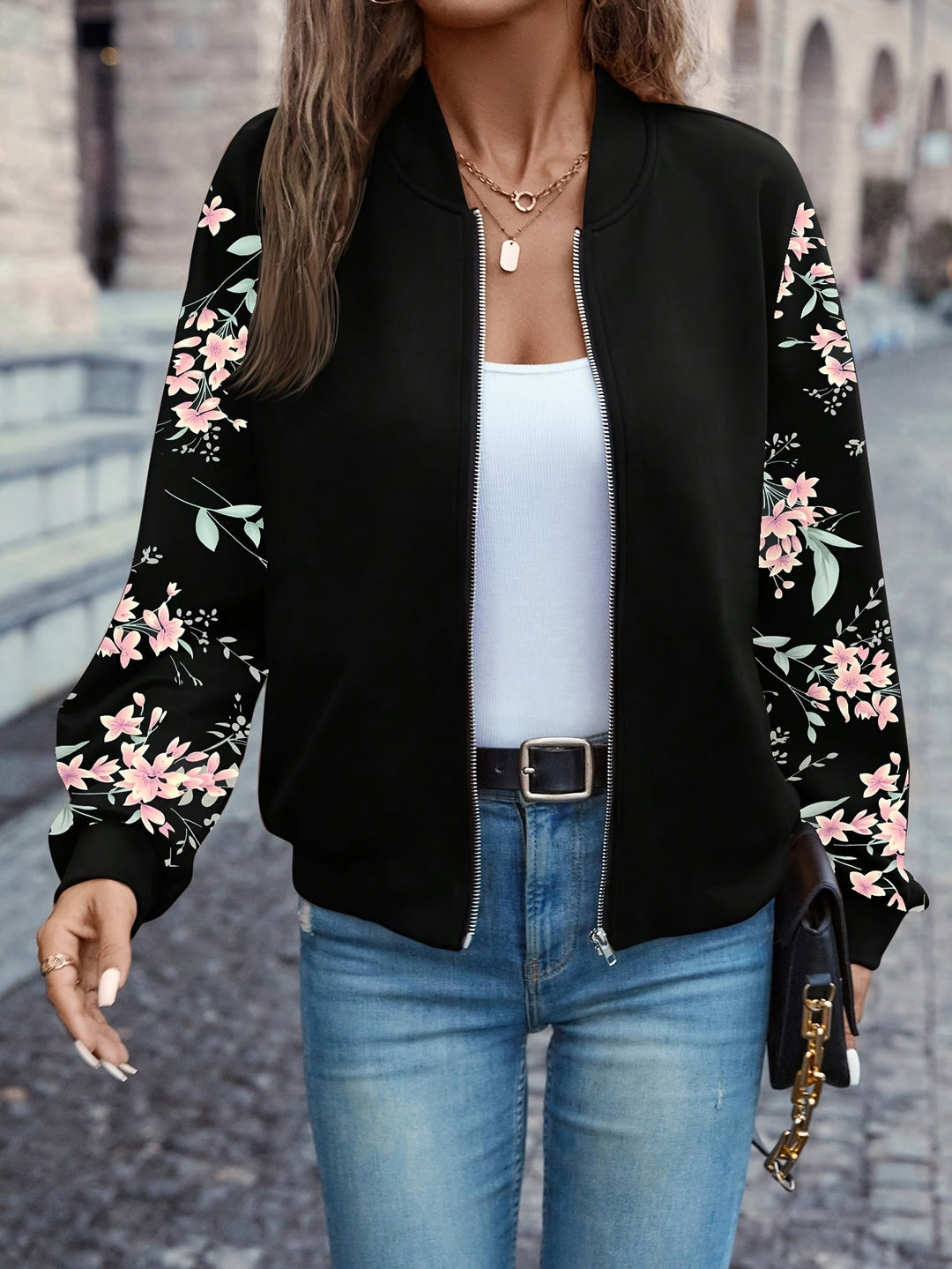 Thea | Trendy Floral Print Jacke für Damen mit Rundhalsausschnitt