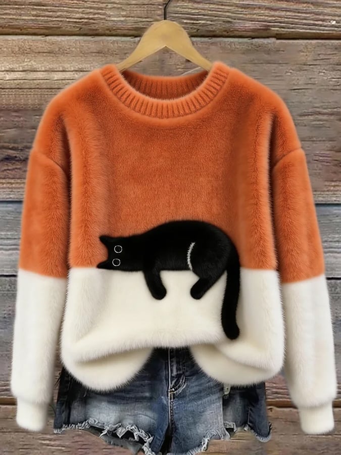 Damen Oversized Pullover mit Katzenmotiv und Farbblockdesign