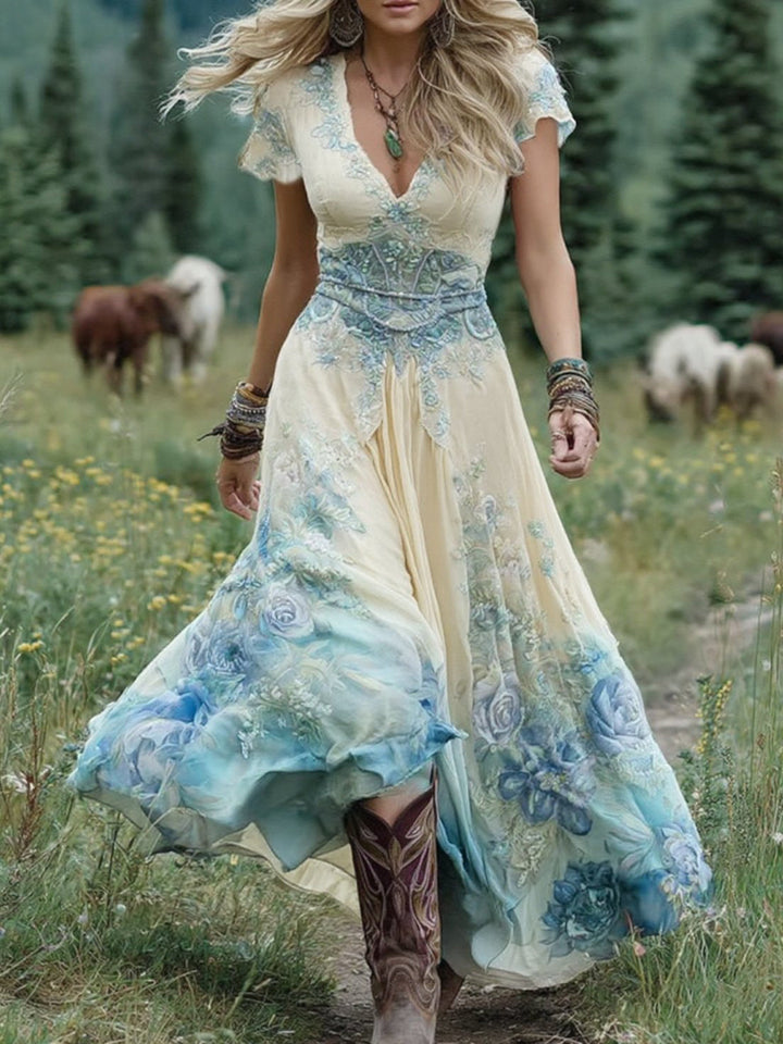 Mavis | Elegantes Florales Maxikleid für Damen mit V-Ausschnitt und kurzen Ärmeln