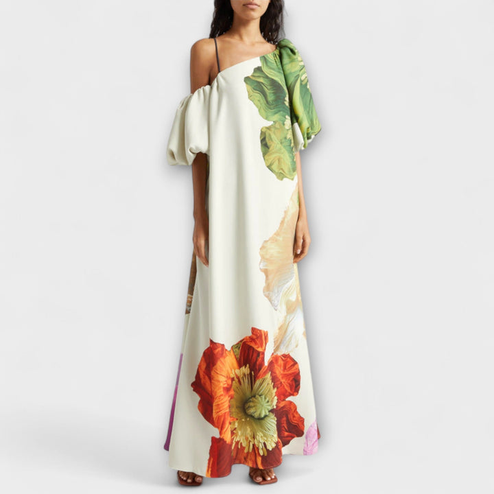 Florales asymmetrisches Maxikleid für Damen mit asymmetrischem Ausschnitt