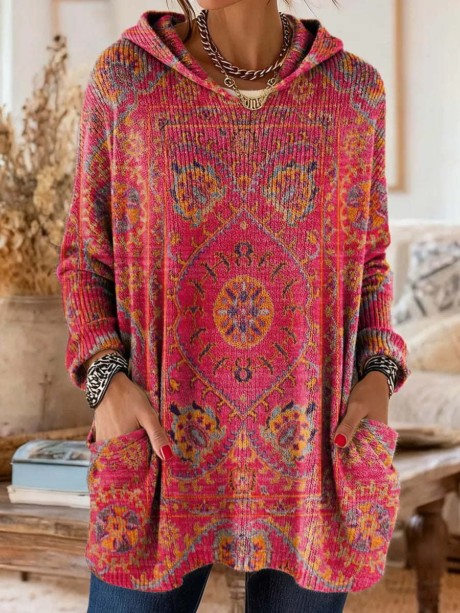 Vintage-inspirierte Kapuzenstrick-Tunika für Damen mit Taschen und ethnischem Druck