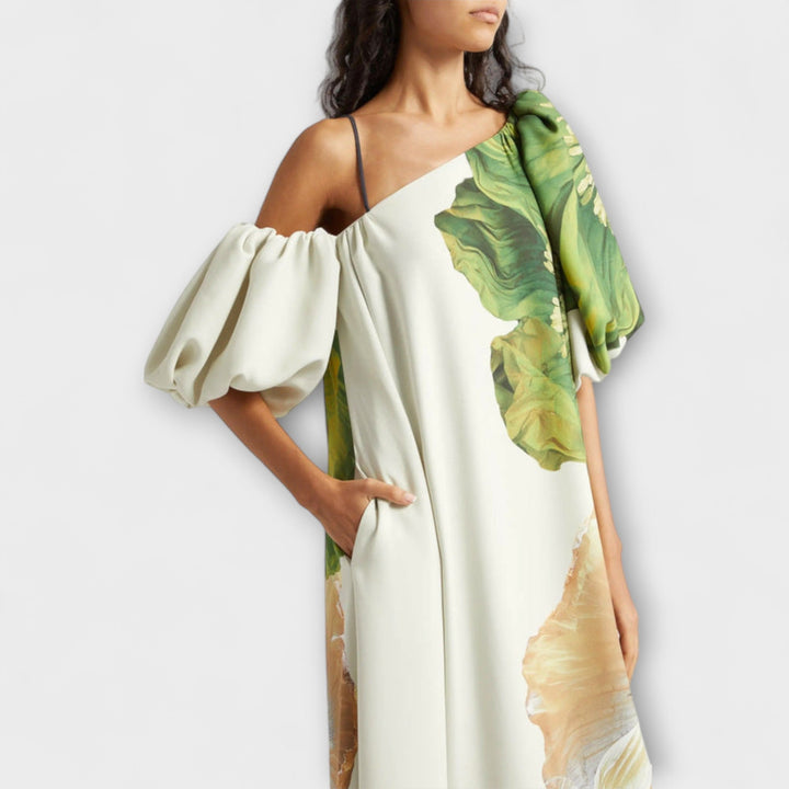Florales asymmetrisches Maxikleid für Damen mit asymmetrischem Ausschnitt