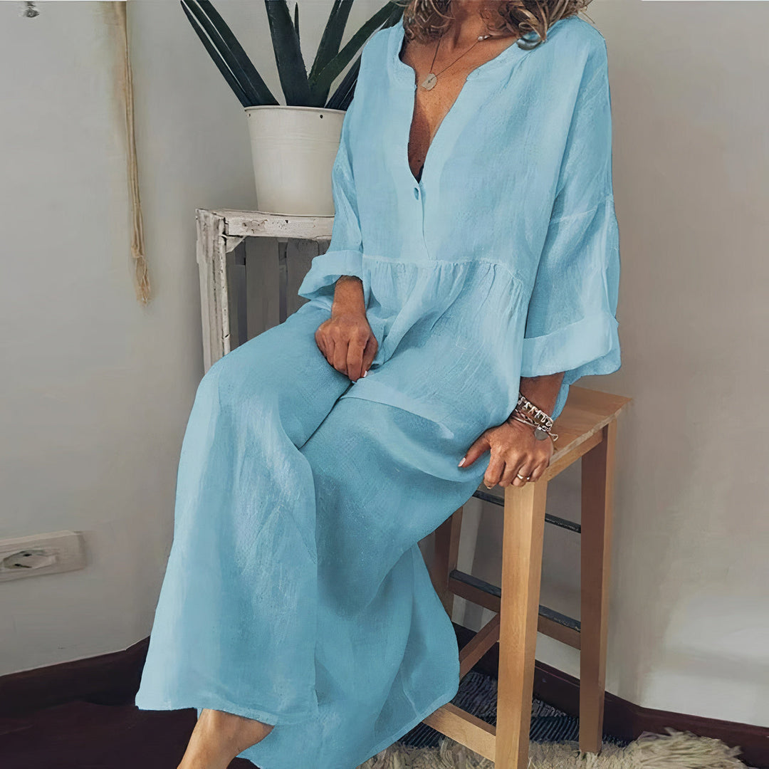 Stylisches Blusen-inspiriertes Maxikleid für Damen mit V-Ausschnitt und 3/4-Ärmeln