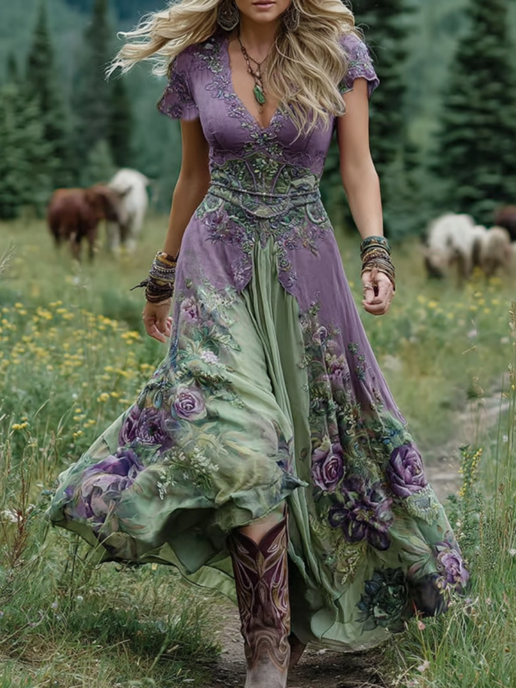 Mavis | Elegantes Florales Maxikleid für Damen mit V-Ausschnitt und kurzen Ärmeln