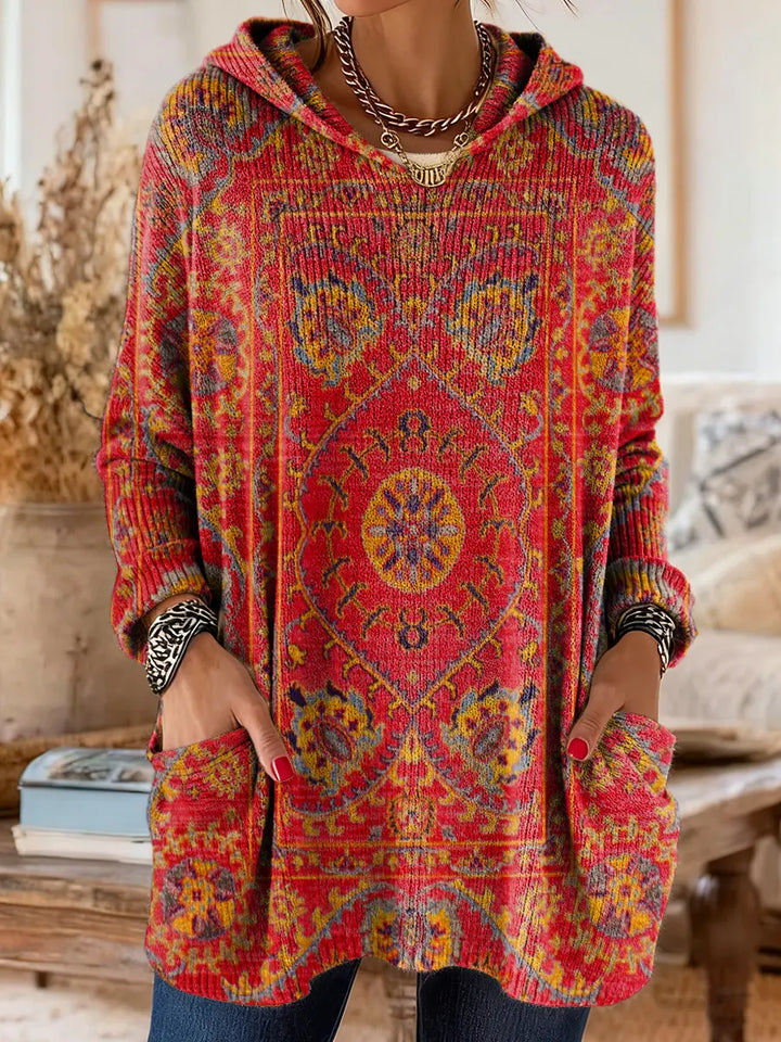 Vintage-inspirierte Kapuzenstrick-Tunika für Damen mit Taschen und ethnischem Druck
