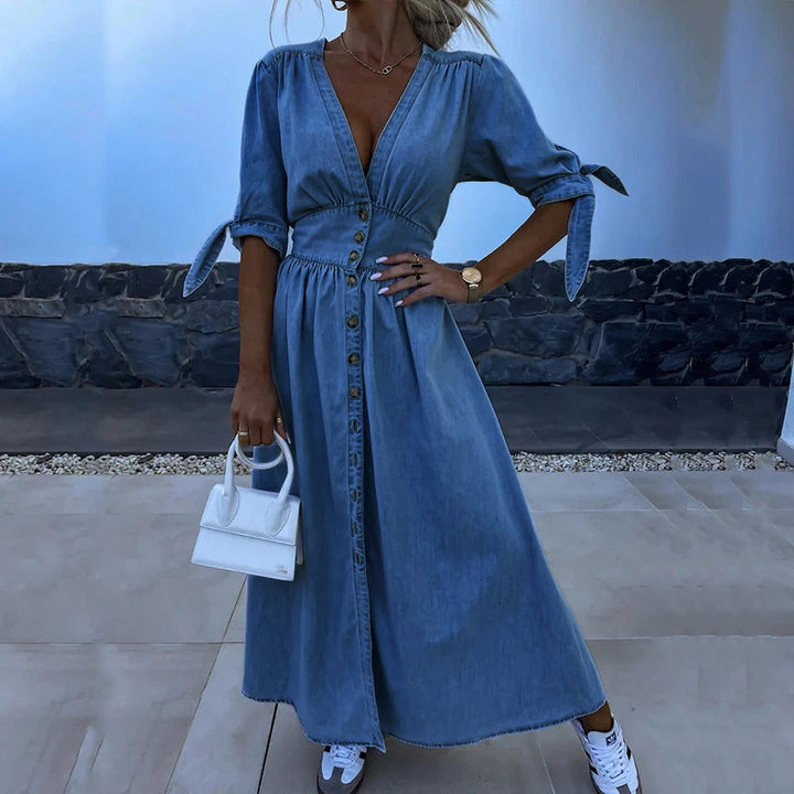 Zaya | Elegantes Casual Maxikleid für Damen mit V-Ausschnitt und 3/4-Ärmeln