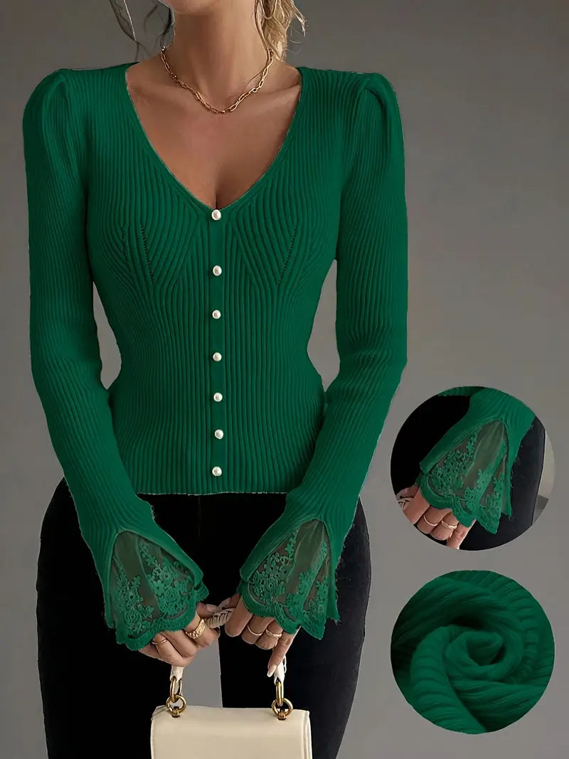 V-Ausschnitt Rippentop Cardigan für Damen mit ärmeln und Blumenmuster