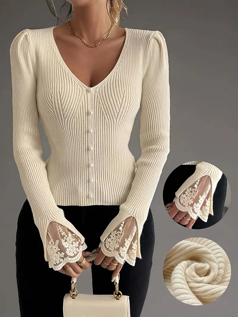 V-Ausschnitt Rippentop Cardigan für Damen mit ärmeln und Blumenmuster