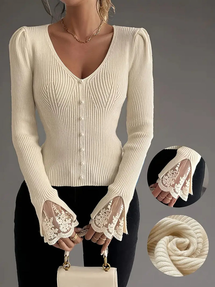 V-Ausschnitt Rippentop Cardigan für Damen mit ärmeln und Blumenmuster