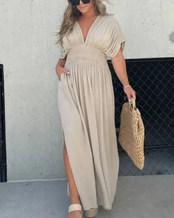 Barbara | Elegantes Maxikleid für Damen mit V-Ausschnitt und kurzen Ärmeln