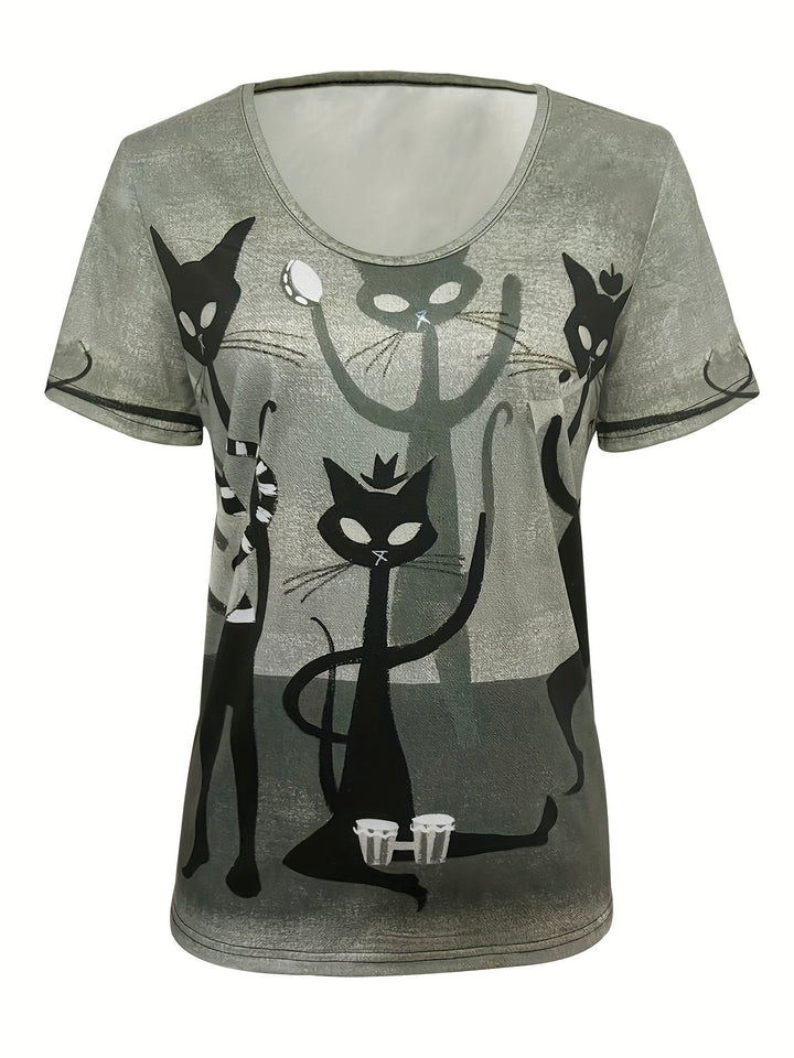 Sue | Lässiges T-Shirt für Damen mit Katzenmotiv und V-Ausschnitt