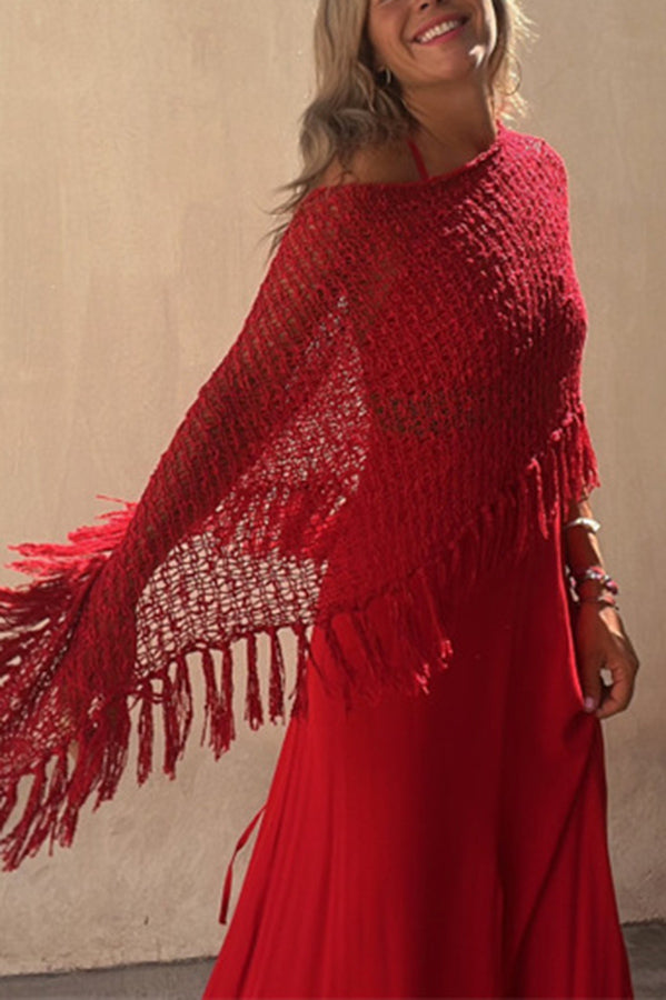 Sonnenuntergangsbrise Quasten Strick Cover-Up für Damen mit Ausschnittdetails