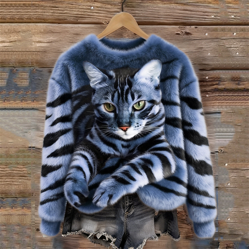 Gemütlicher Plüsch-Sweatshirt für Damen mit einem Tiger- und Tabby-Kätzchen-Design