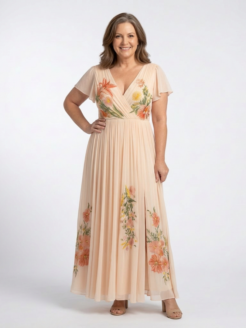 Calista | V-Ausschnitt Kurzarm Falten Maxi Kleid für Damen