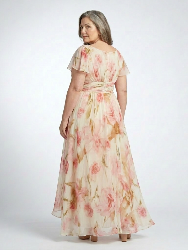 Elara | V-Ausschnitt Kurzarm Blumen Maxi Kleid für Damen