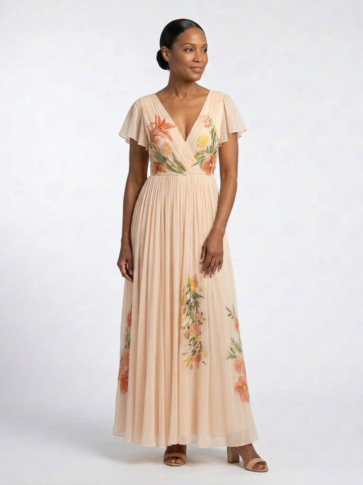 Calista | V-Ausschnitt Kurzarm Falten Maxi Kleid für Damen