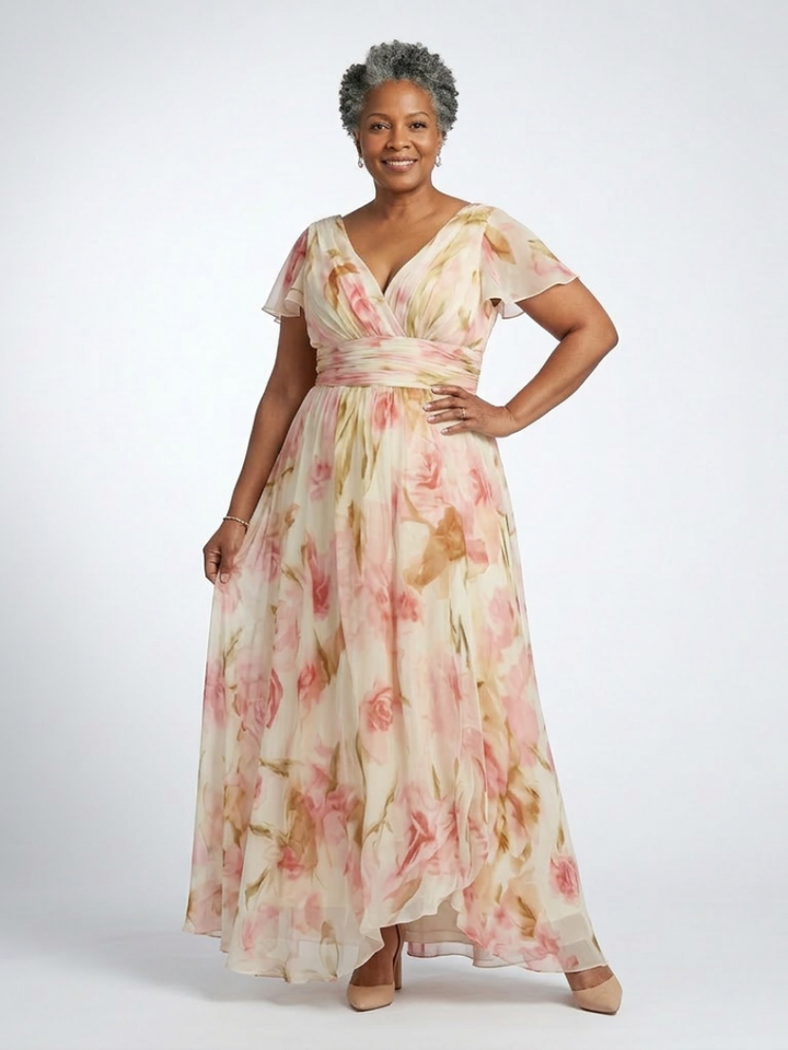 Elara | V-Ausschnitt Kurzarm Blumen Maxi Kleid für Damen