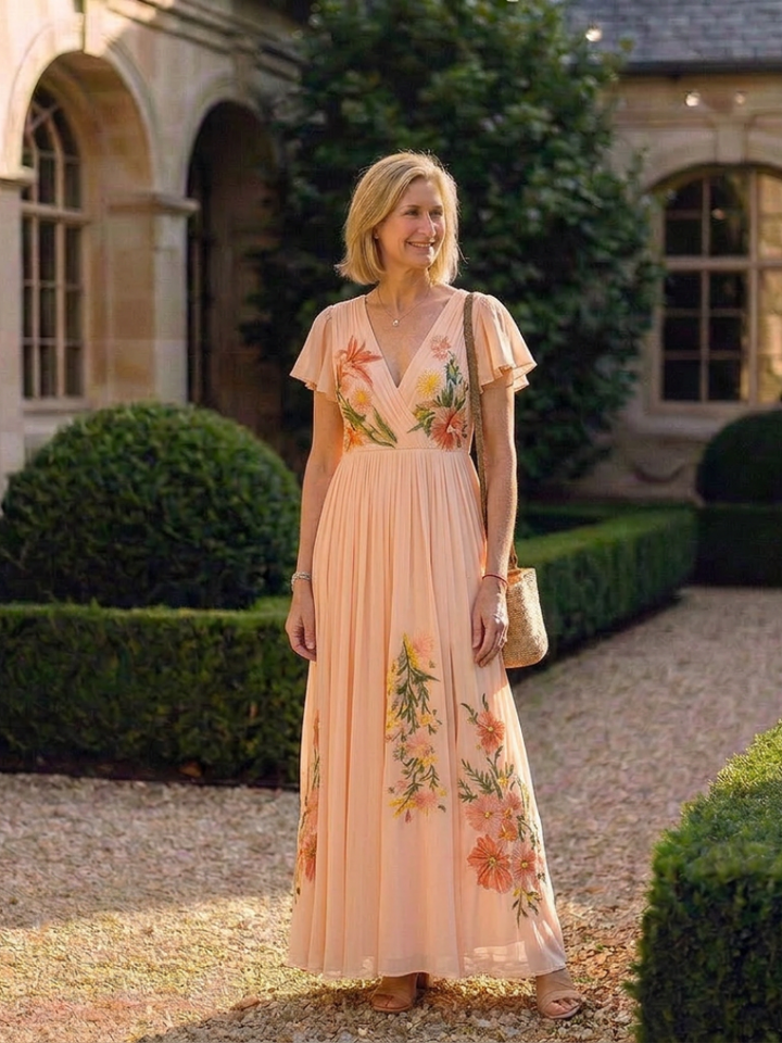 Calista | V-Ausschnitt Kurzarm Falten Maxi Kleid für Damen