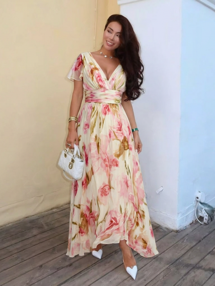 Elara | V-Ausschnitt Kurzarm Blumen Maxi Kleid für Damen