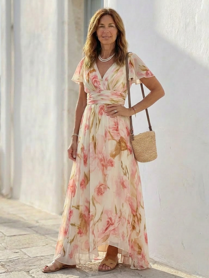 Elara | V-Ausschnitt Kurzarm Blumen Maxi Kleid für Damen