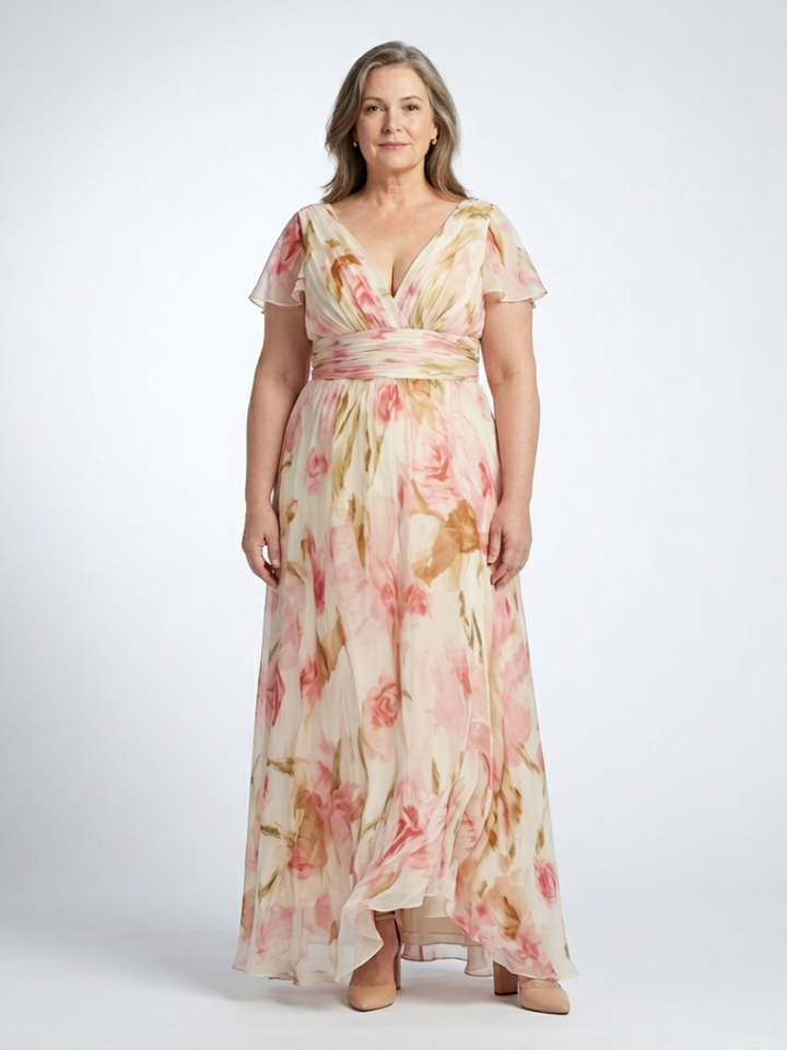 Elara | V-Ausschnitt Kurzarm Blumen Maxi Kleid für Damen