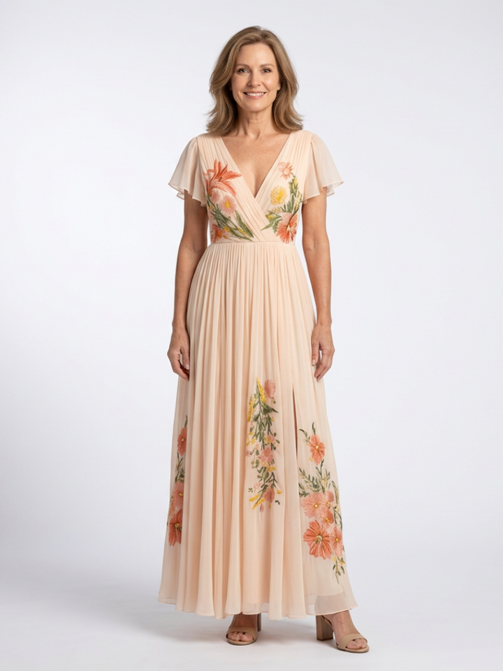 Calista | V-Ausschnitt Kurzarm Falten Maxi Kleid für Damen