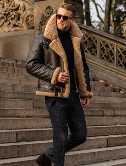 Enzo | Lammfell-Jacke für Herren mit Rundhalsausschnitt und langen Ärmeln
