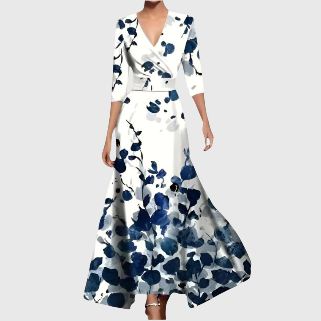 Leila | Elegantes Chic Midikleid für Damen mit Blumenmuster und V-Ausschnitt